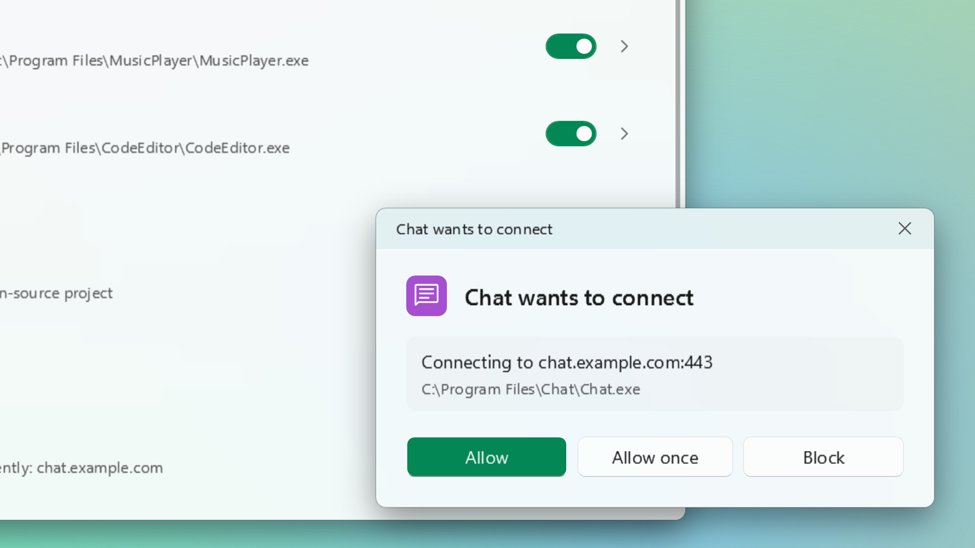 Un missatge al costat de la llista d'aplicacions: una aplicació de xat s'està connectant a chat.example.com, amb botons permetre, permetre una vegada i bloquejar